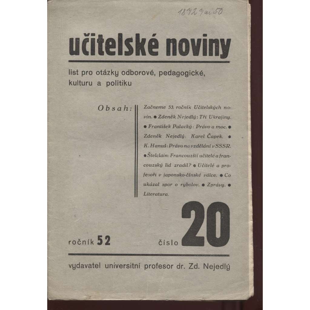 Učitelské noviny, ročník 52, číslo 20/1934 - staré noviny, 1. republika