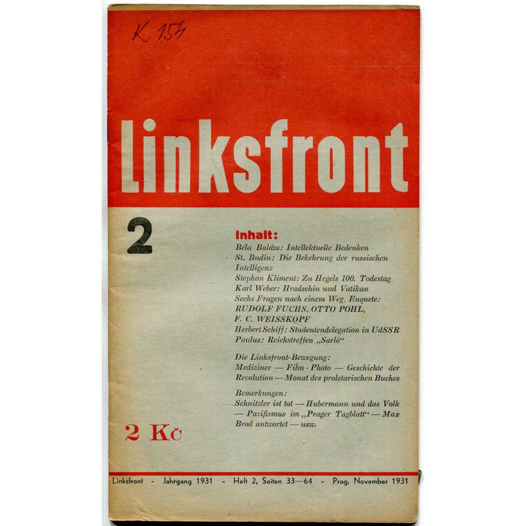 Linksfront, roč. 1, 1931-1932, č. 2 (listopad 1931) [Levá fronta; časopis; KSČ; komunismus; politika; marxismus]