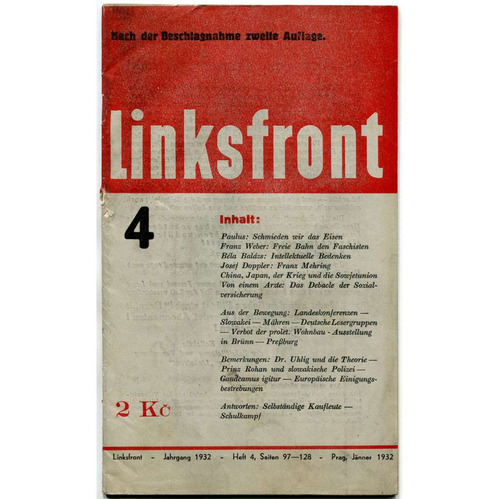 Linksfront, roč. 1, 1931-1932, č. 4 (leden 1932) [Levá fronta; časopis; KSČ; komunismus; politika; marxismus]