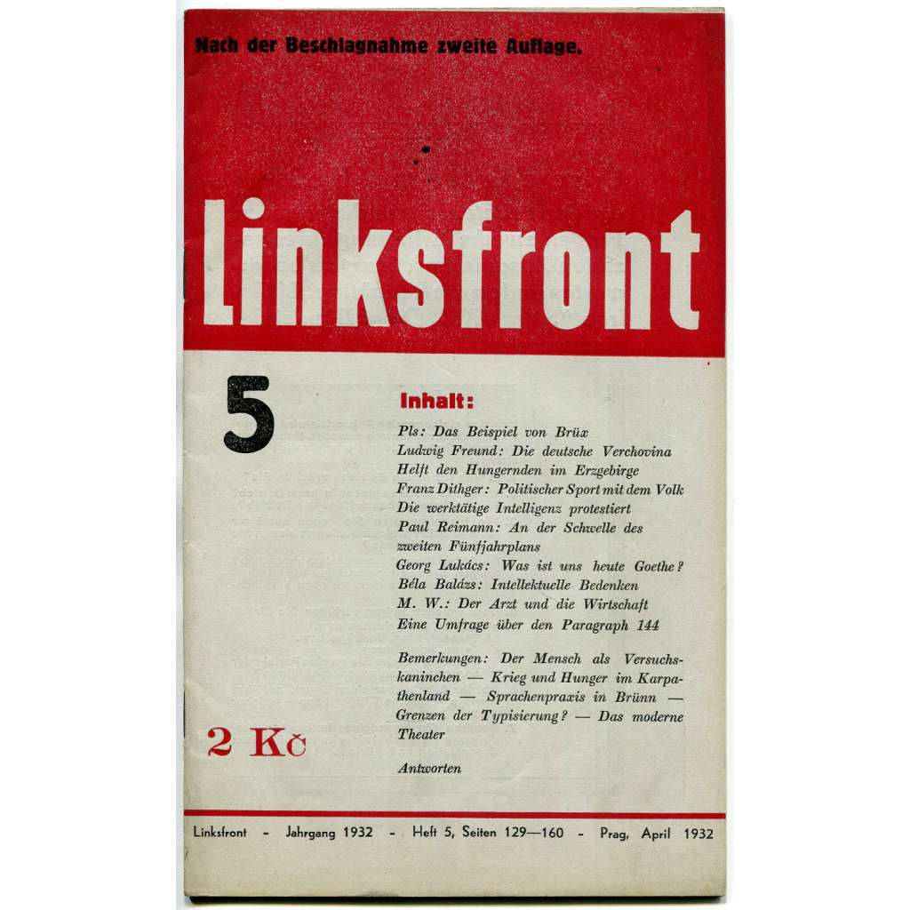 Linksfront, roč. 1, 1931-1932, č. 5 (duben 1932) [Levá fronta; časopis; KSČ; komunismus; politika; marxismus]