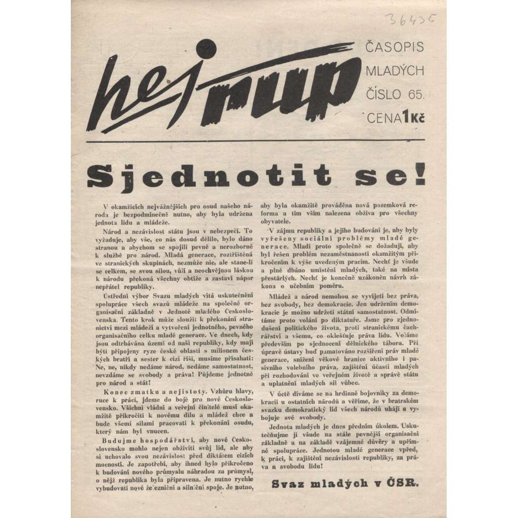 Hej rup, číslo 65/1938 (Časopis mladých) - staré noviny, 1. republika