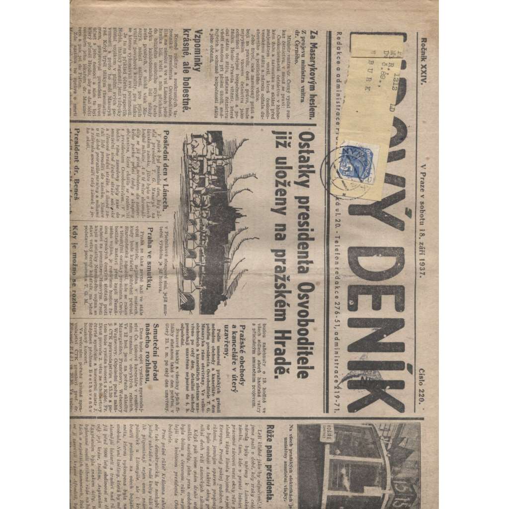 Lidový deník (18.9.1937)  - staré noviny, první republika, smrt, úmrtí T. G. Masaryk