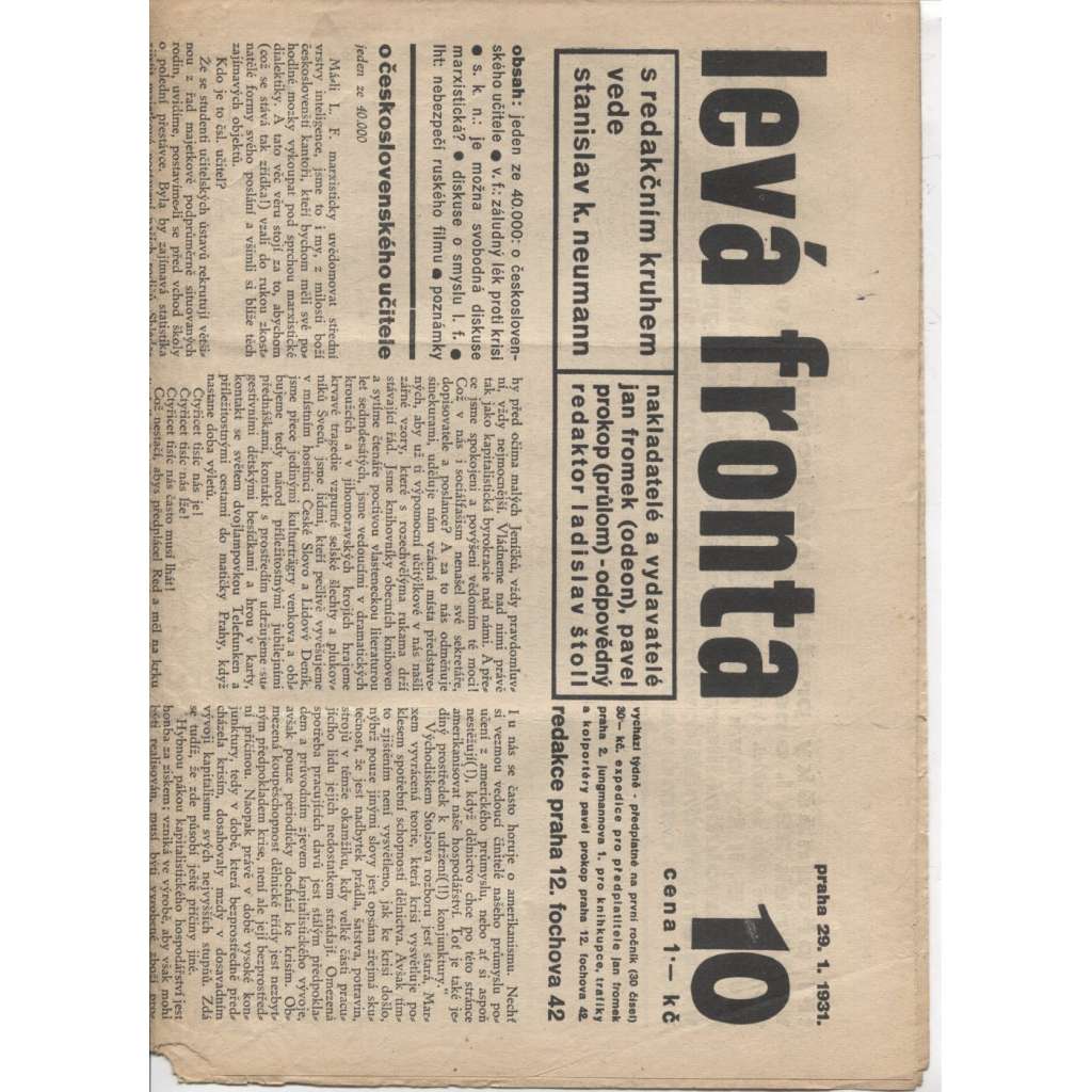 Levá fronta, číslo 10. (29.1. 1931) - staré noviny, 1. republika