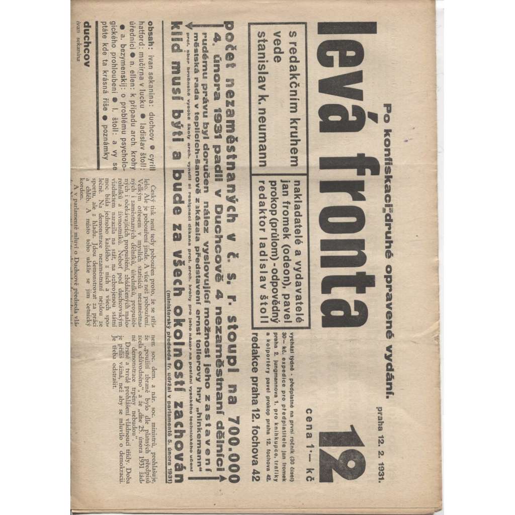 Levá fronta, číslo 12. (12.2. 1931) - staré noviny, 1. republika