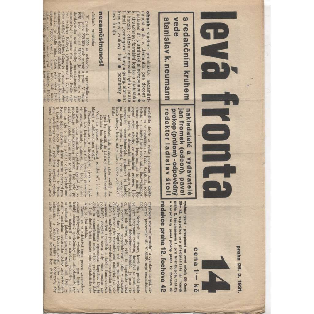 Levá fronta, číslo 14. (26. 2. 1931) - staré noviny, 1. republika