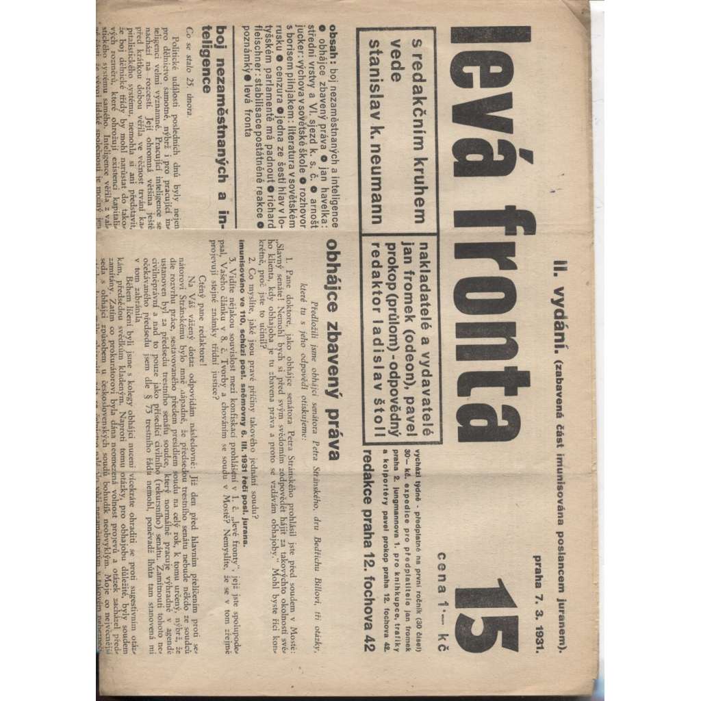 Levá fronta, číslo 15. (7. 3. 1931) - staré noviny, 1. republika