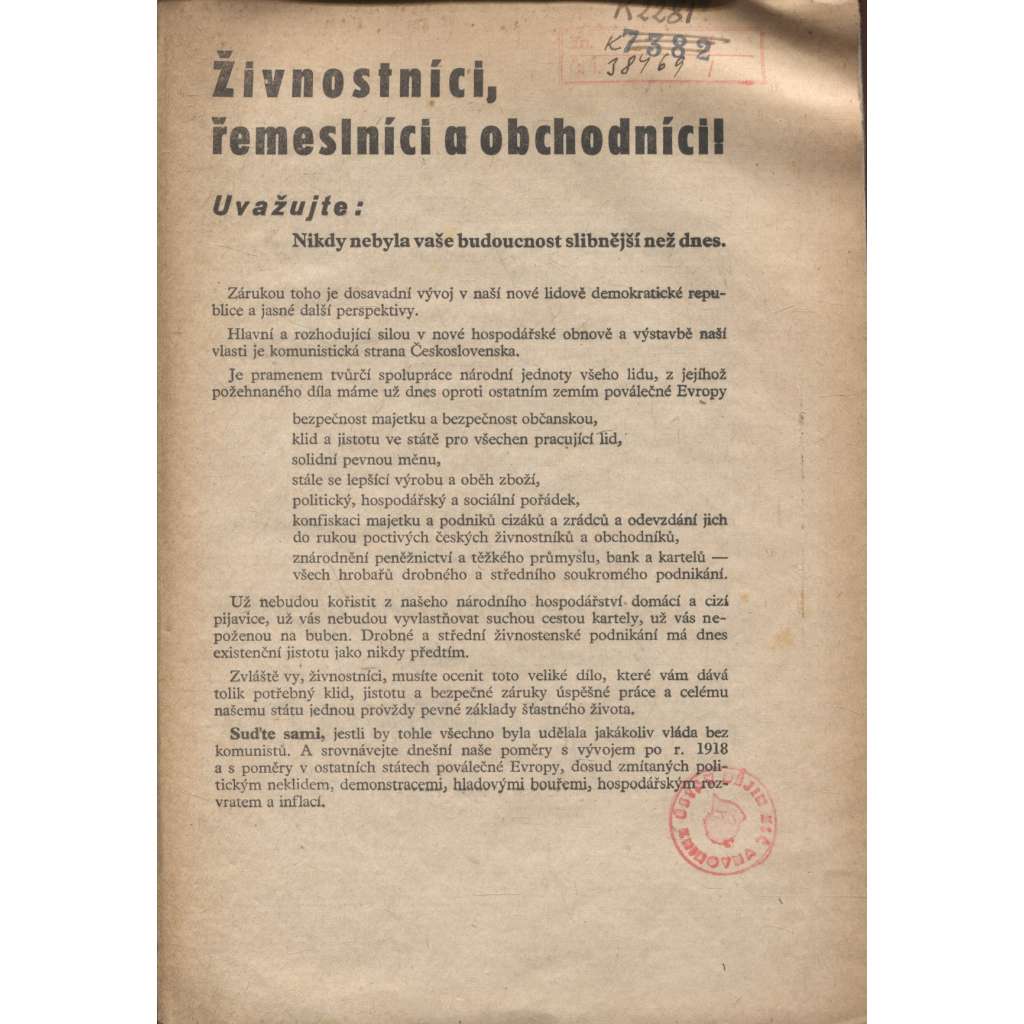 Předvolební leták KSČ 1946. Živnostníci, řemeslníci a obchodníci (komunistická literatura)