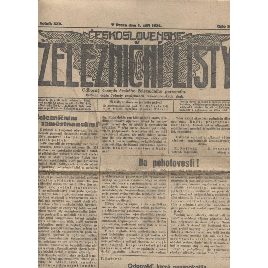 Železniční listy (staré noviny, 1.9.1924) - [železnice, lokomotiva, doprava]