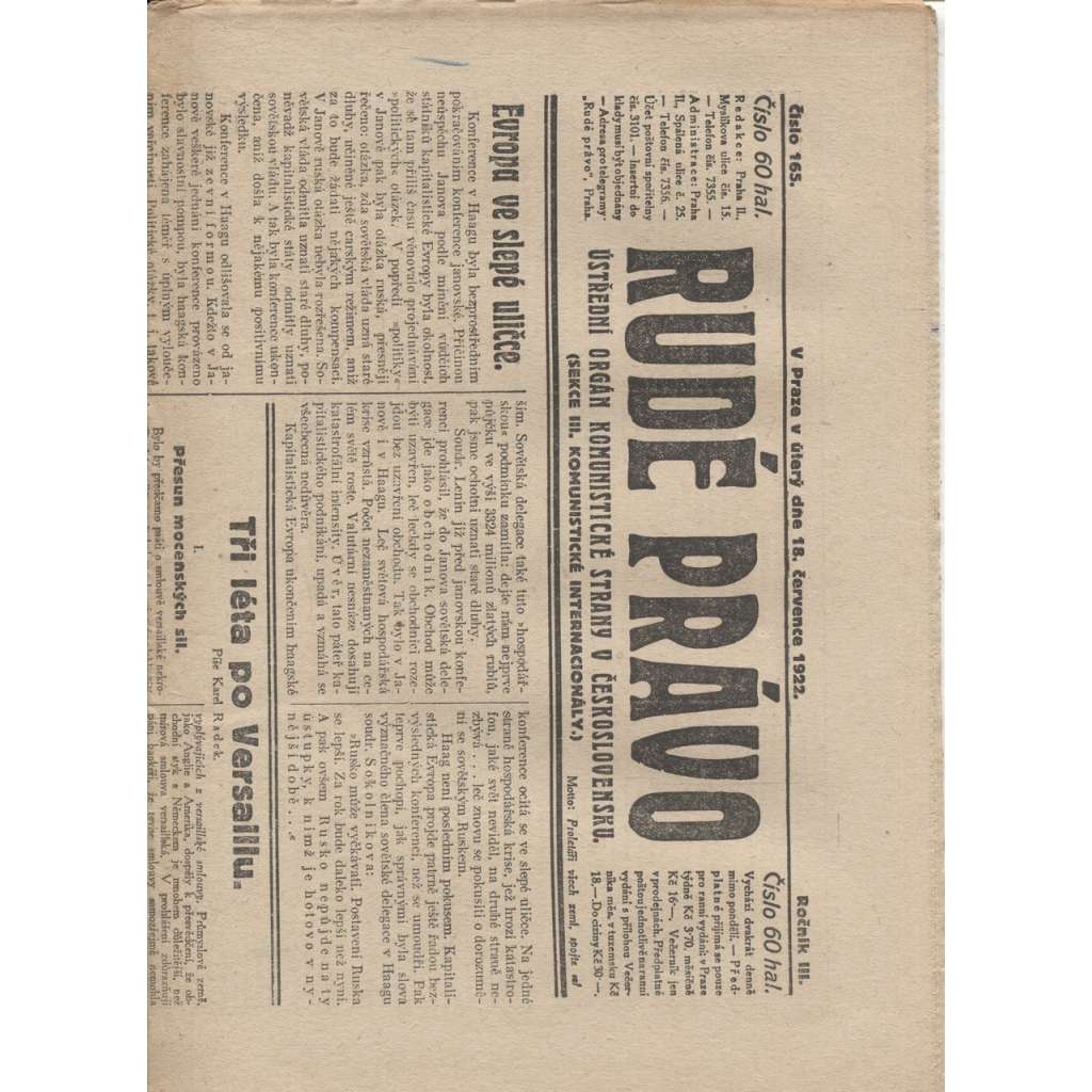 Rudé právo (18.7.1922) - 1. republika, staré noviny