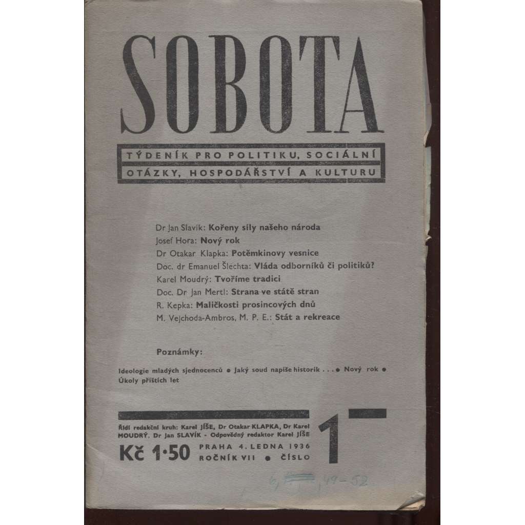 Sobota – Týdeník pro politiku, sociální otázky, hospodářství a kulturu. Ročník VII./1936