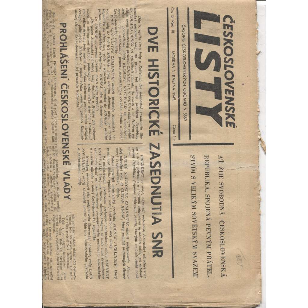 Československé listy (1.5.1945) Časopis československých občanů v SSSR - Protektorát, staré noviny