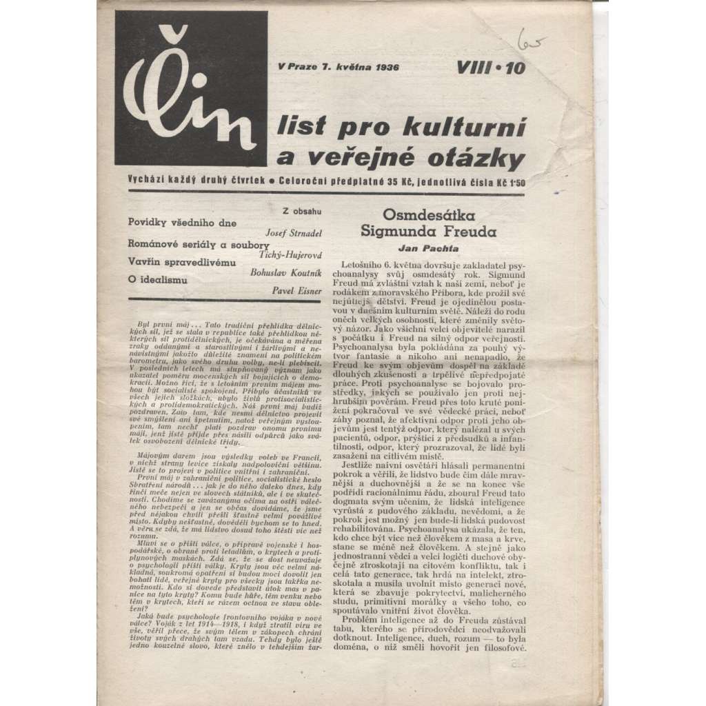 Čin (7.5.1936). List pro kulturní a veřejné otázky (1. republika, staré noviny)