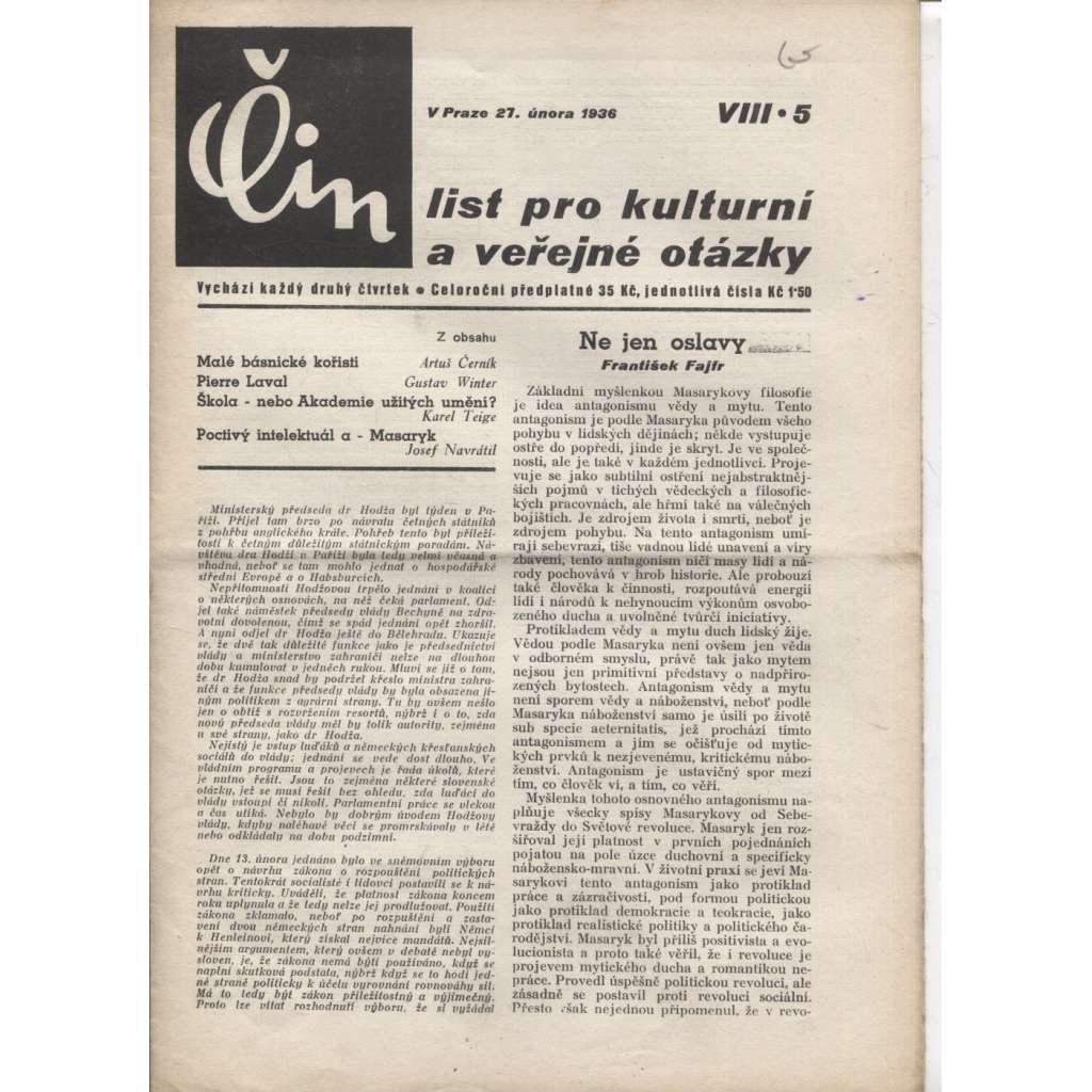 Čin (27.2.1936). List pro kulturní a veřejné otázky (1. republika, staré noviny)