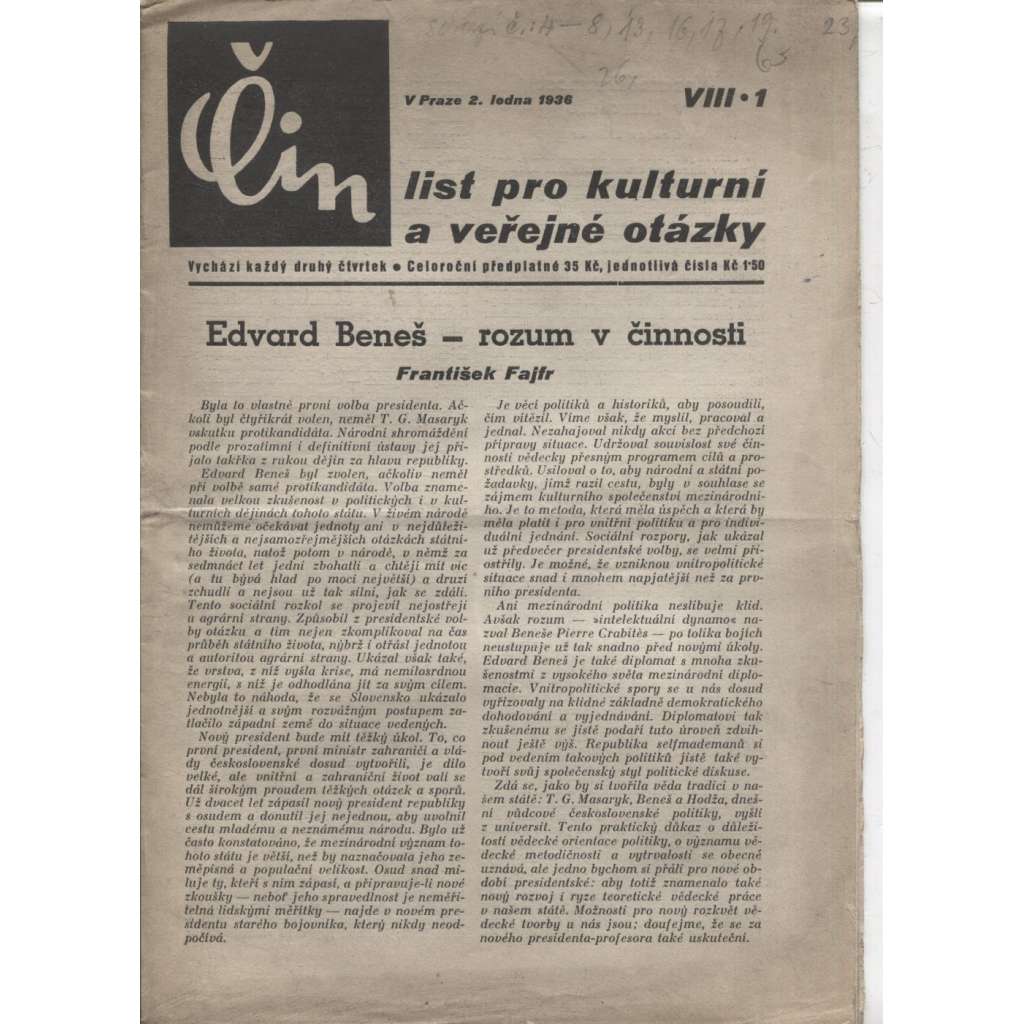 Čin (2.1.1936). List pro kulturní a veřejné otázky (1. republika, staré noviny)