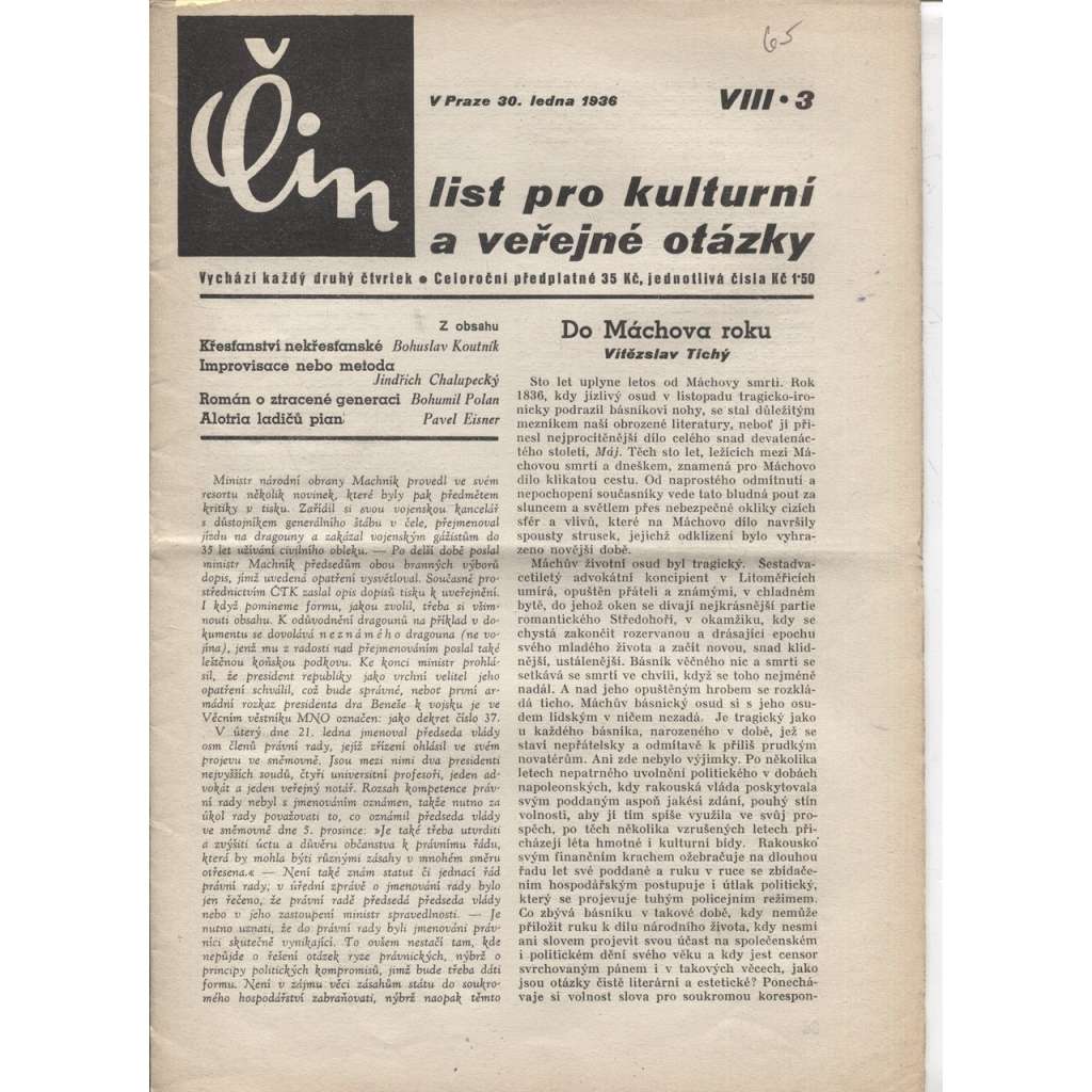 Čin (30.1.1936). List pro kulturní a veřejné otázky (1. republika, staré noviny)