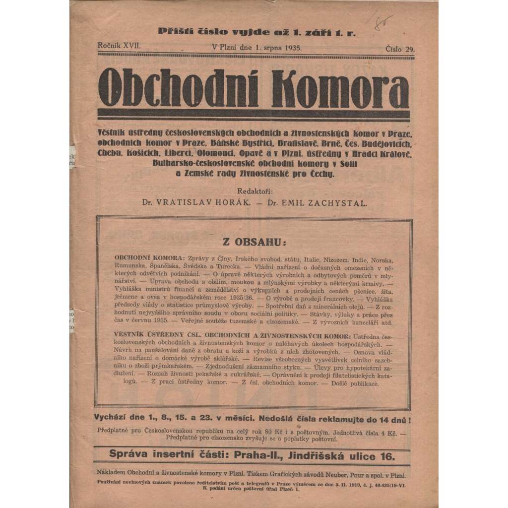 Obchodní komora (1.8.1935) Věstník ústředny československých obchodních a živnostenských komor v Praze... (1. republika, staré noviny)