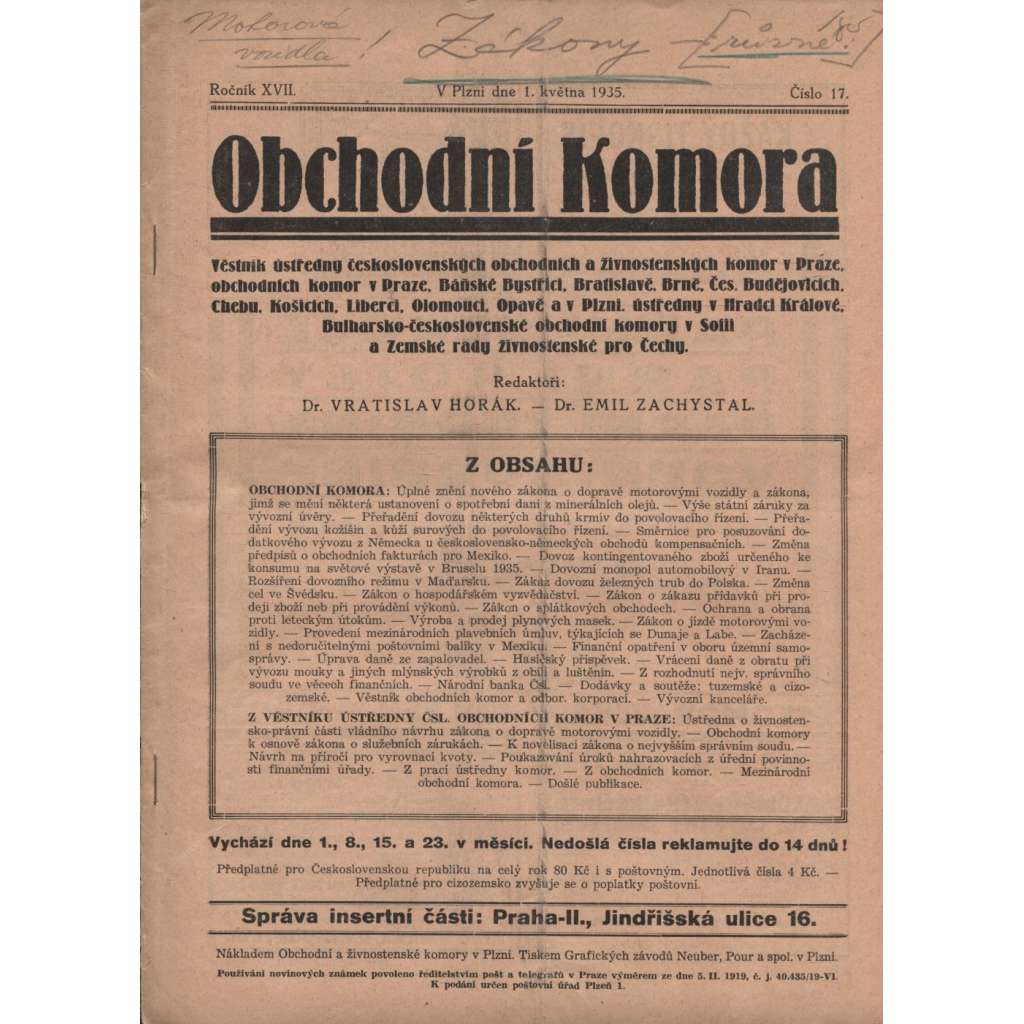 Obchodní komora (1.5.1935) Věstník ústředny československých obchodních a živnostenských komor v Praze... (1. republika, staré noviny)