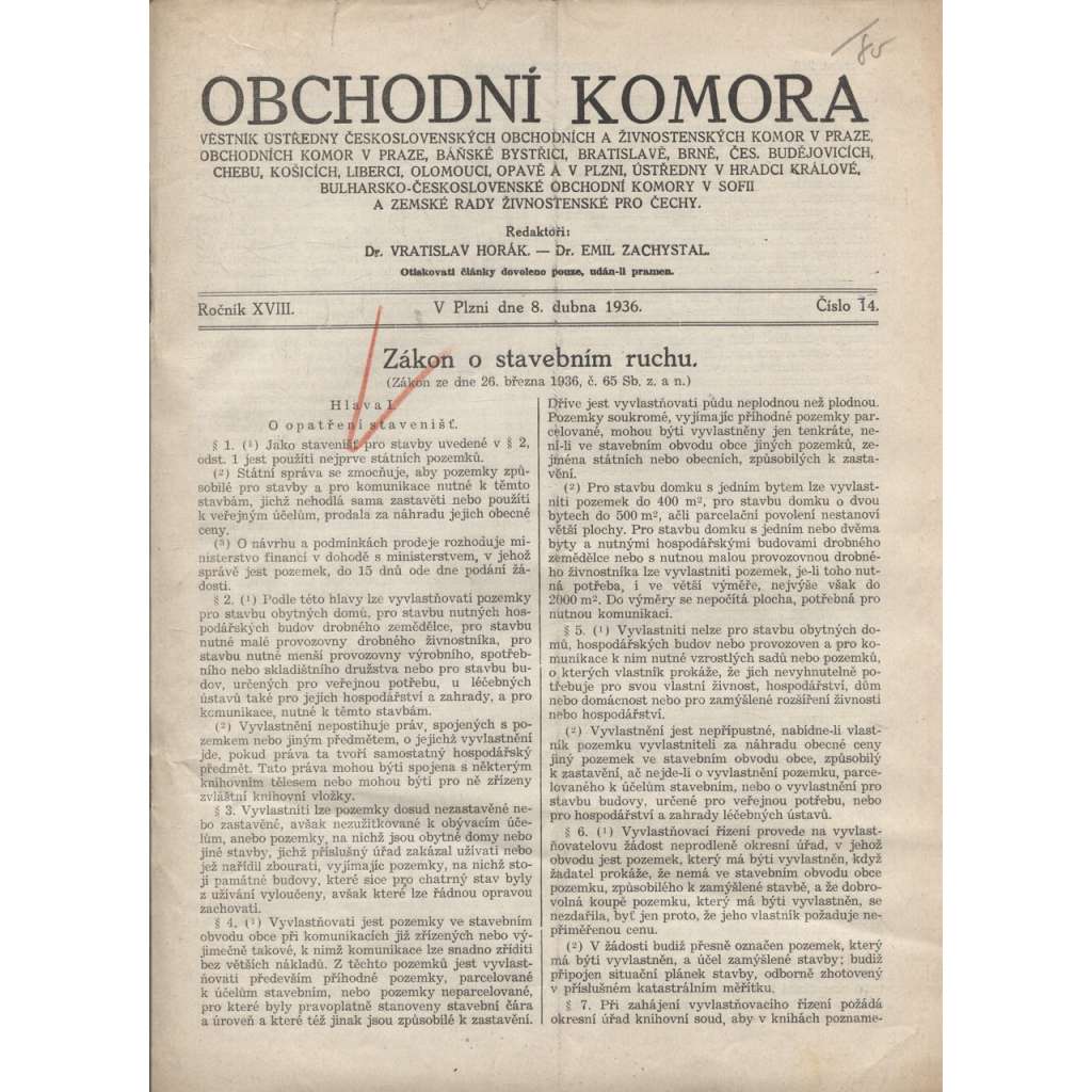 Obchodní komora (8.4.1936) Věstník ústředny československých obchodních a živnostenských komor v Praze... (1. republika, staré noviny)