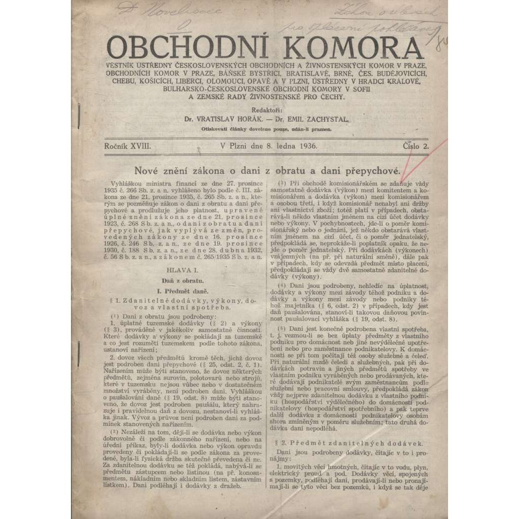 Obchodní komora (8.1.1936) Věstník ústředny československých obchodních a živnostenských komor v Praze... (1. republika, staré noviny)