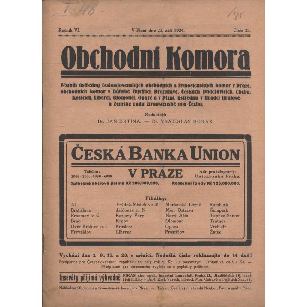 Obchodní komora (23.9.1924) Věstník ústředny československých obchodních a živnostenských komor v Praze... (1. republika, staré noviny)