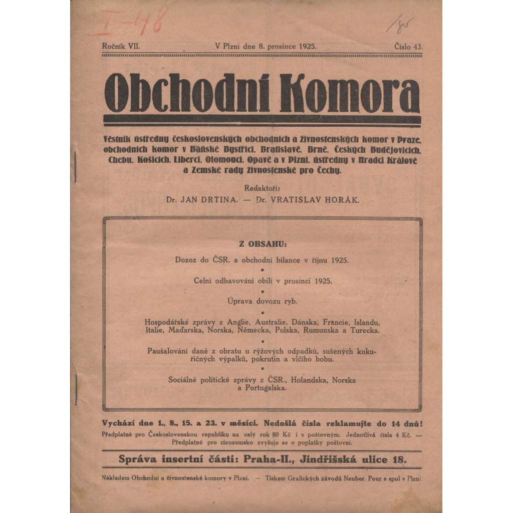 Obchodní komora (8.12.1925) Věstník ústředny československých obchodních a živnostenských komor v Praze... (1. republika, staré noviny)