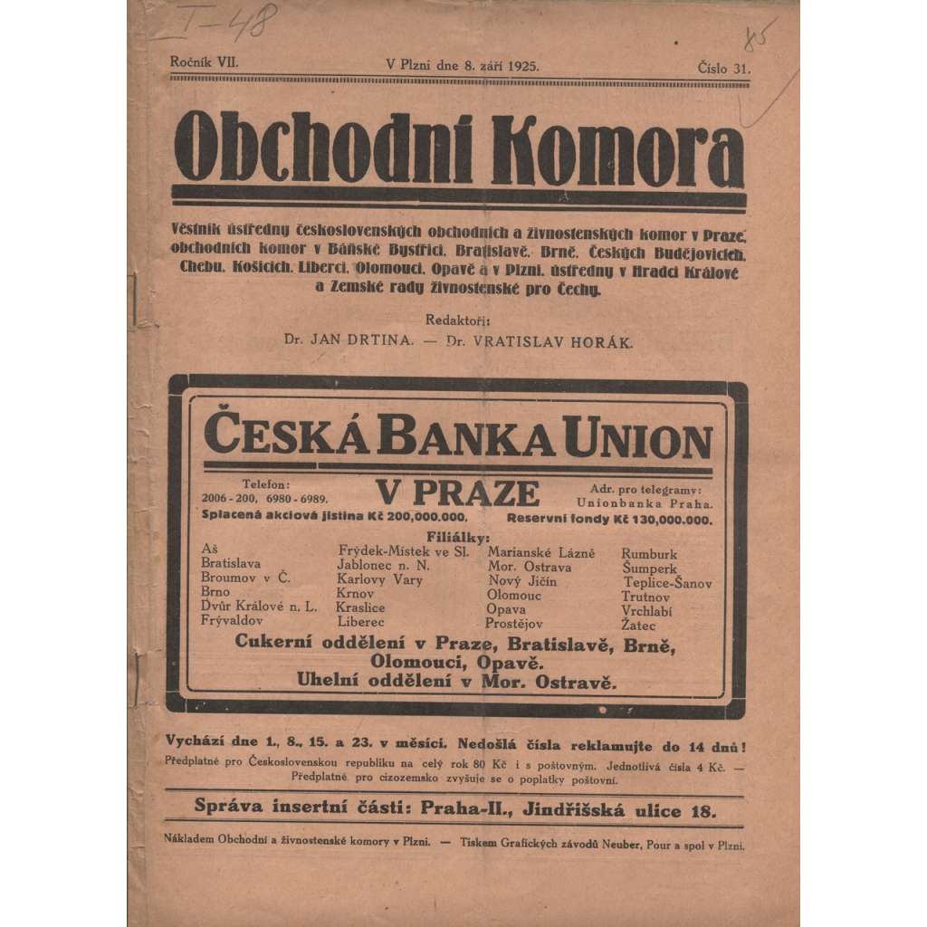 Obchodní komora (8.9.1925) Věstník ústředny československých obchodních a živnostenských komor v Praze... (1. republika, staré noviny)