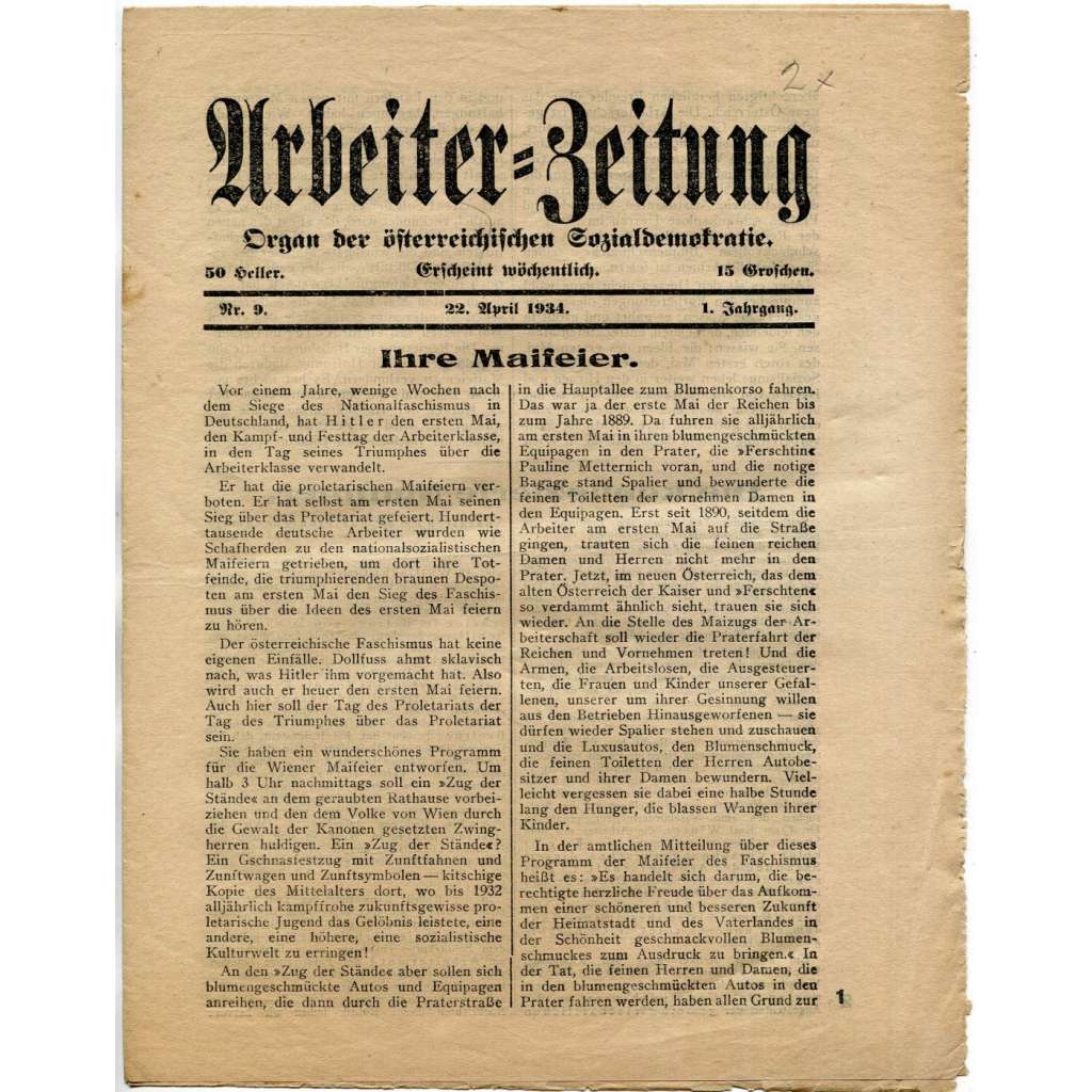 Arbeiter-Zeitung. Organ der österreichischen Sozialdemokratie, roč. 1, 1934, č. 9 [exil; rakouská sociální demokracie]