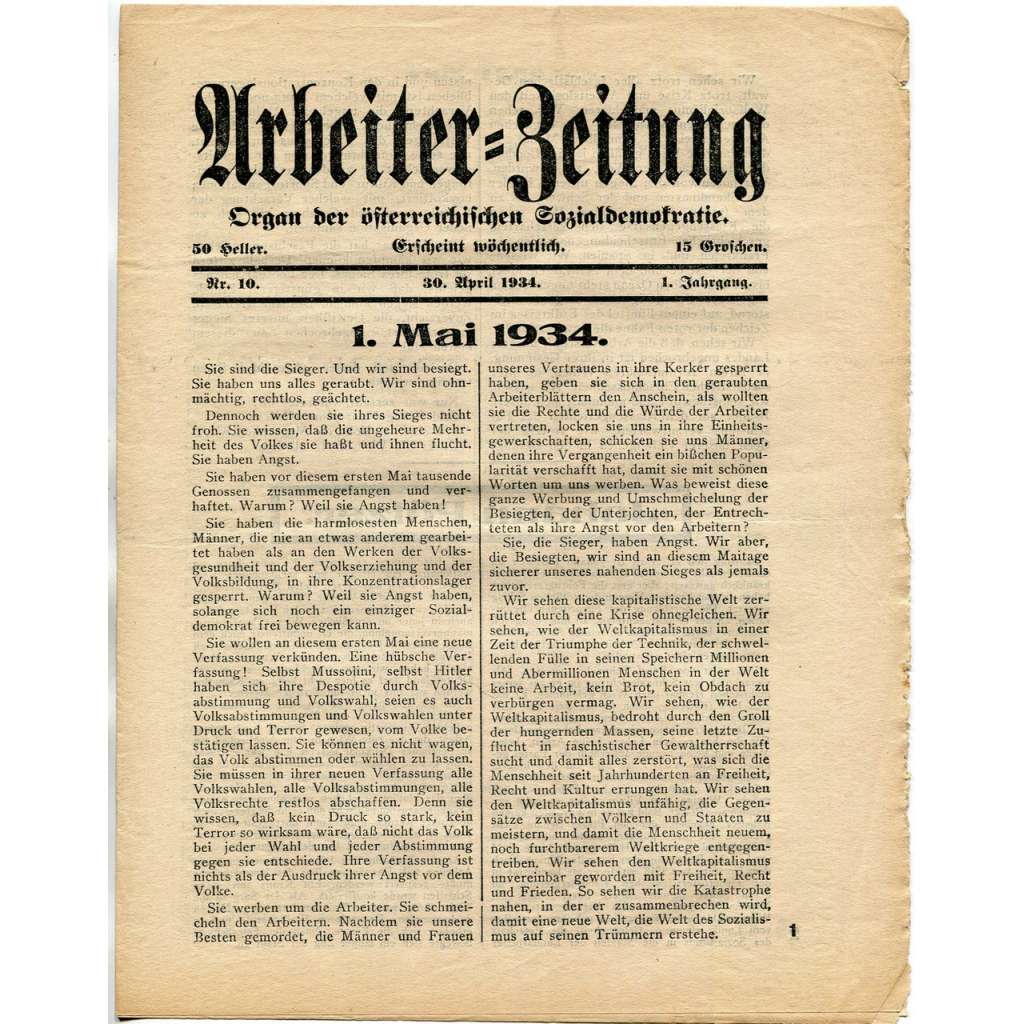 Arbeiter-Zeitung. Organ der österreichischen Sozialdemokratie, roč. 1, 1934, č. 10 [exil; Rakousko; sociální demokracie]