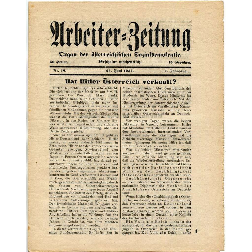 Arbeiter-Zeitung. Organ der österreichischen Sozialdemokratie, roč. 1, 1934, č. 18 [exil; Rakousko; sociální demokracie]