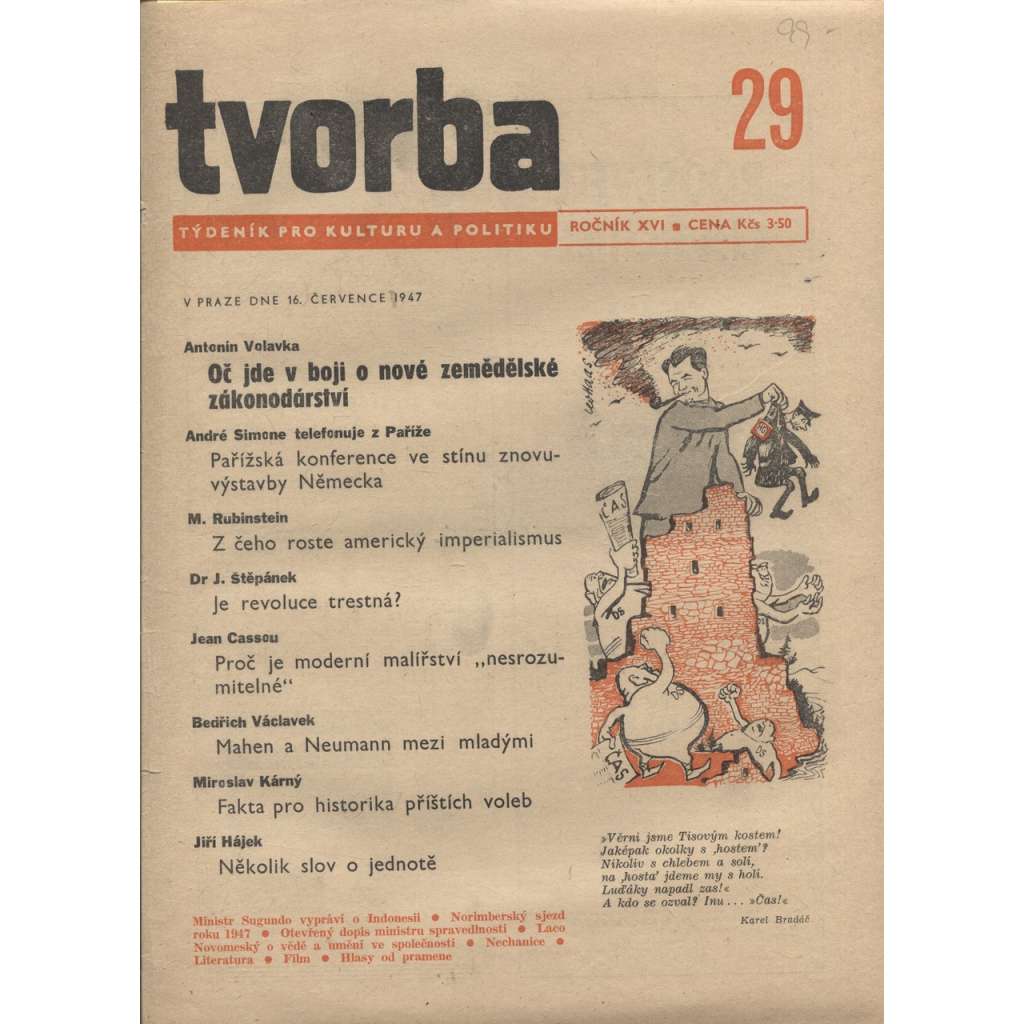 Tvorba – Týdeník pro kulturu a politiku (16.7.1947)