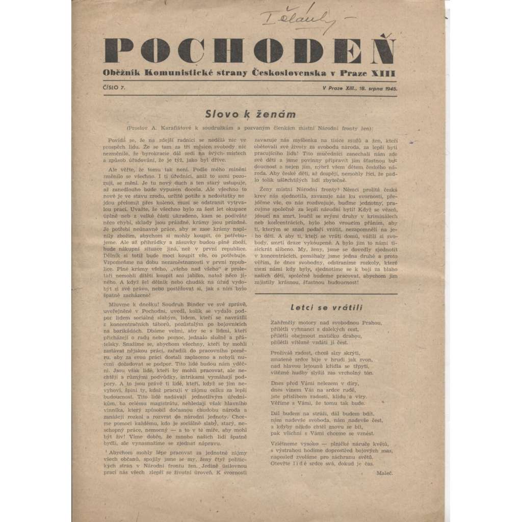 Pochodeň (18.8.1945) - staré noviny