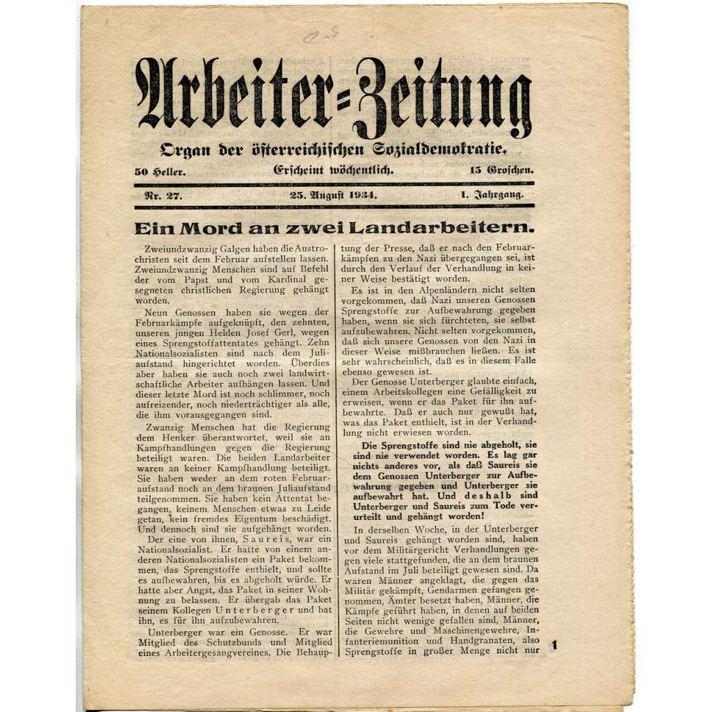 Arbeiter-Zeitung. Organ der österreichischen Sozialdemokratie, roč. 1, 1934, č. 27 [exil; Rakousko; sociální demokracie]