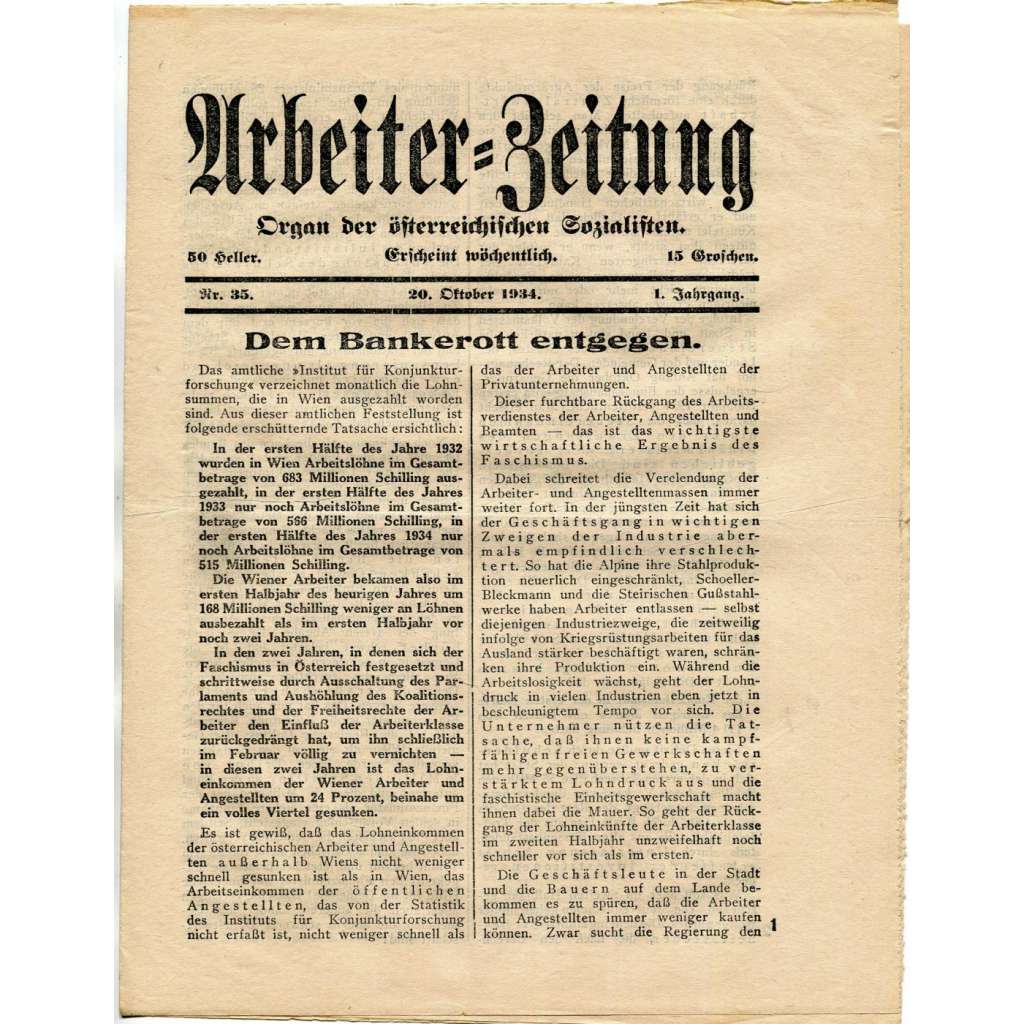 Arbeiter-Zeitung. Organ der österreichischen Sozialdemokratie, roč. 1, 1934, č. 35 [exil; Rakousko; sociální demokracie]