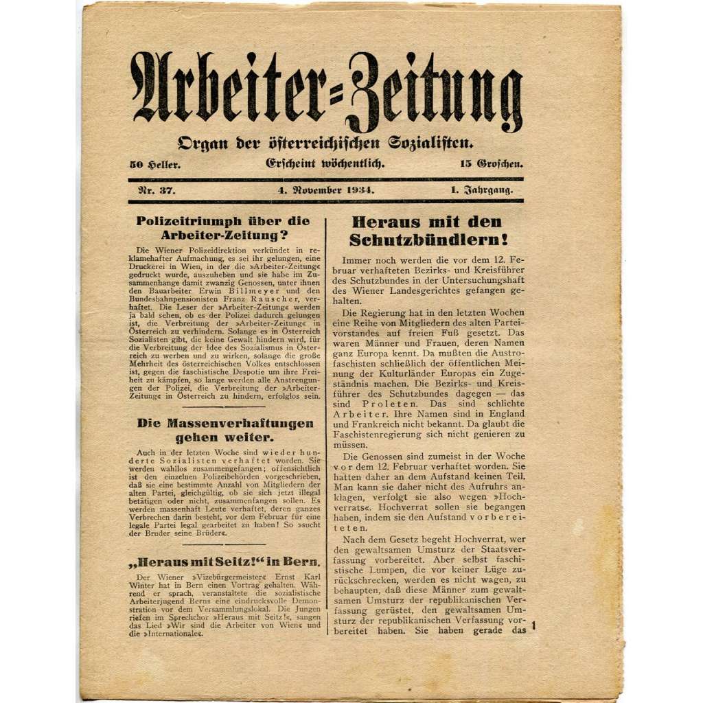 Arbeiter-Zeitung. Organ der österreichischen Sozialdemokratie, roč. 1, 1934, č. 37 [exil; Rakousko; sociální demokracie]