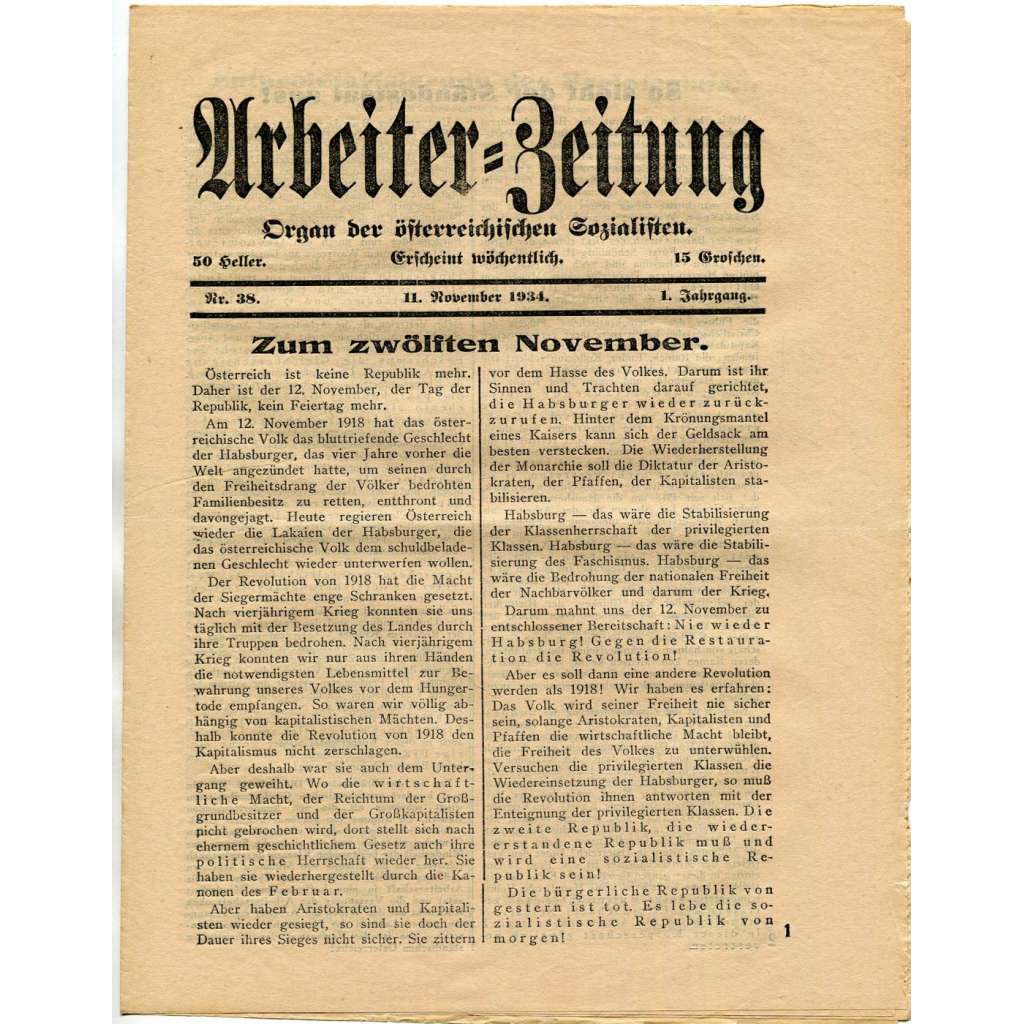 Arbeiter-Zeitung. Organ der österreichischen Sozialdemokratie, roč. 1, 1934, č. 38 [exil; Rakousko; sociální demokracie]