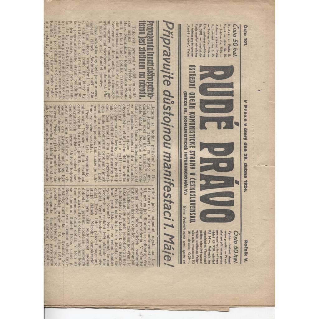 Rudé právo (29.4.1924) - 1. republika, staré noviny