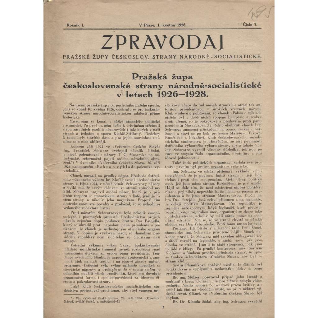 Zpravodaj Pražské župy československé strany národně-socialistické (1.5.1928) - 1. republika, staré noviny