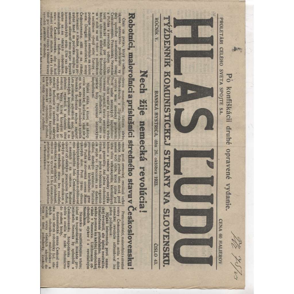 Hlas ľudu (26.10.1923) - 1. republika, text slovensky, staré noviny