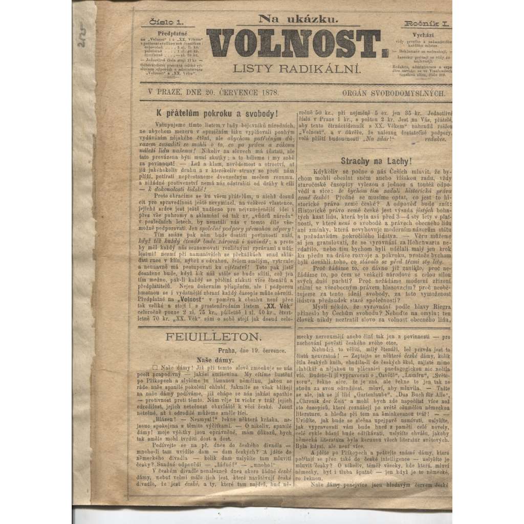 Volnost. Listy radikální (20.7.1878 a 5.8.1978) - staré noviny (2 v 1)