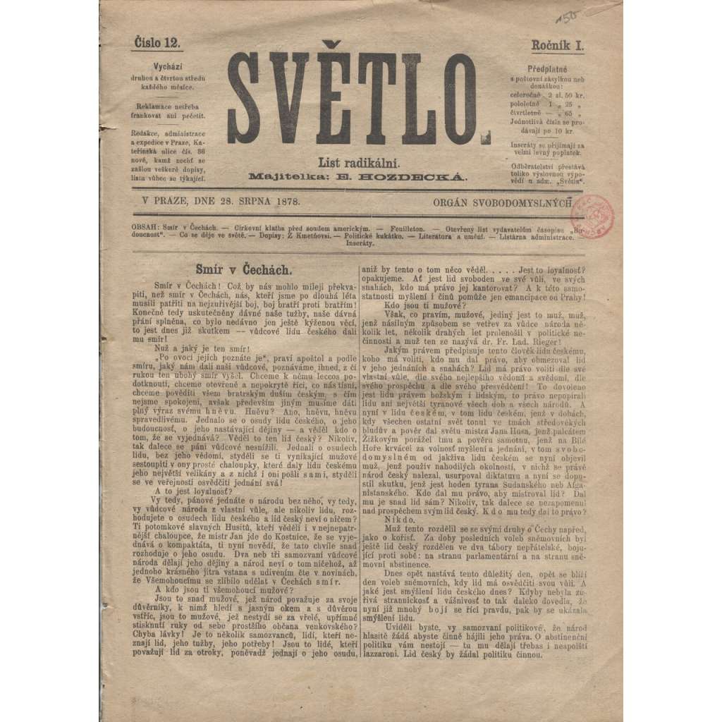 Světlo. List radikální (28.5.1878) - staré noviny