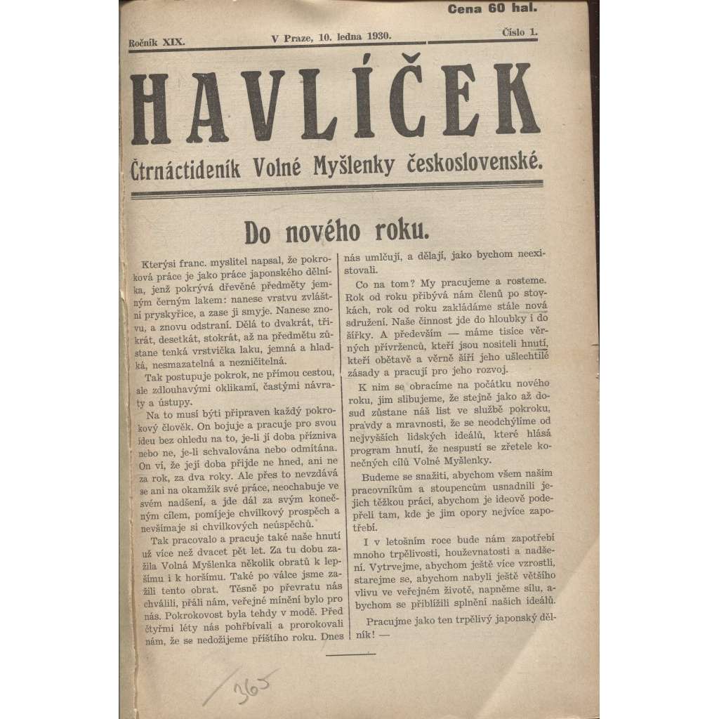 Havlíček, ročník XIX./1930 (Časopis) Čtrnáctideník Volné myšlenky československé