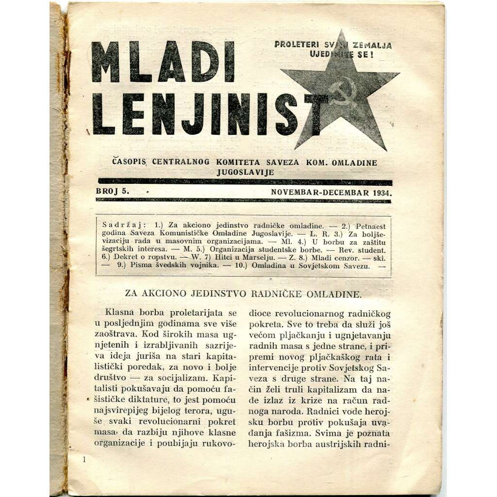 Mladi Lenjinist, 1934, č. 5 [Jugoslávie; komunismus; komunistická strana; časopis; levicová literatura]