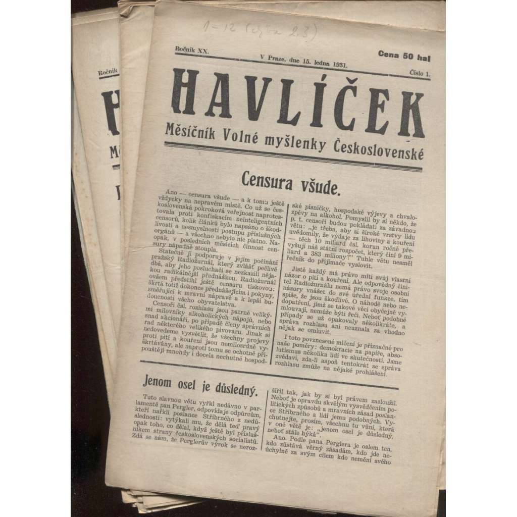 Havlíček, ročník XX., číslo 1-12/1931 (Časopis) Měsíčník Volné myšlenky československé (komplet)