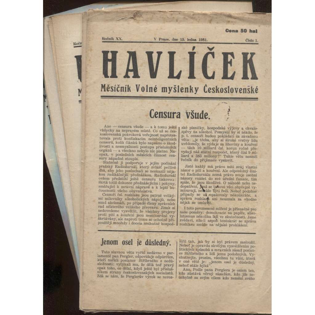 Havlíček, ročník XX., číslo 1, 4-12/1931 (Časopis) Měsíčník Volné myšlenky československé (není kompletní)