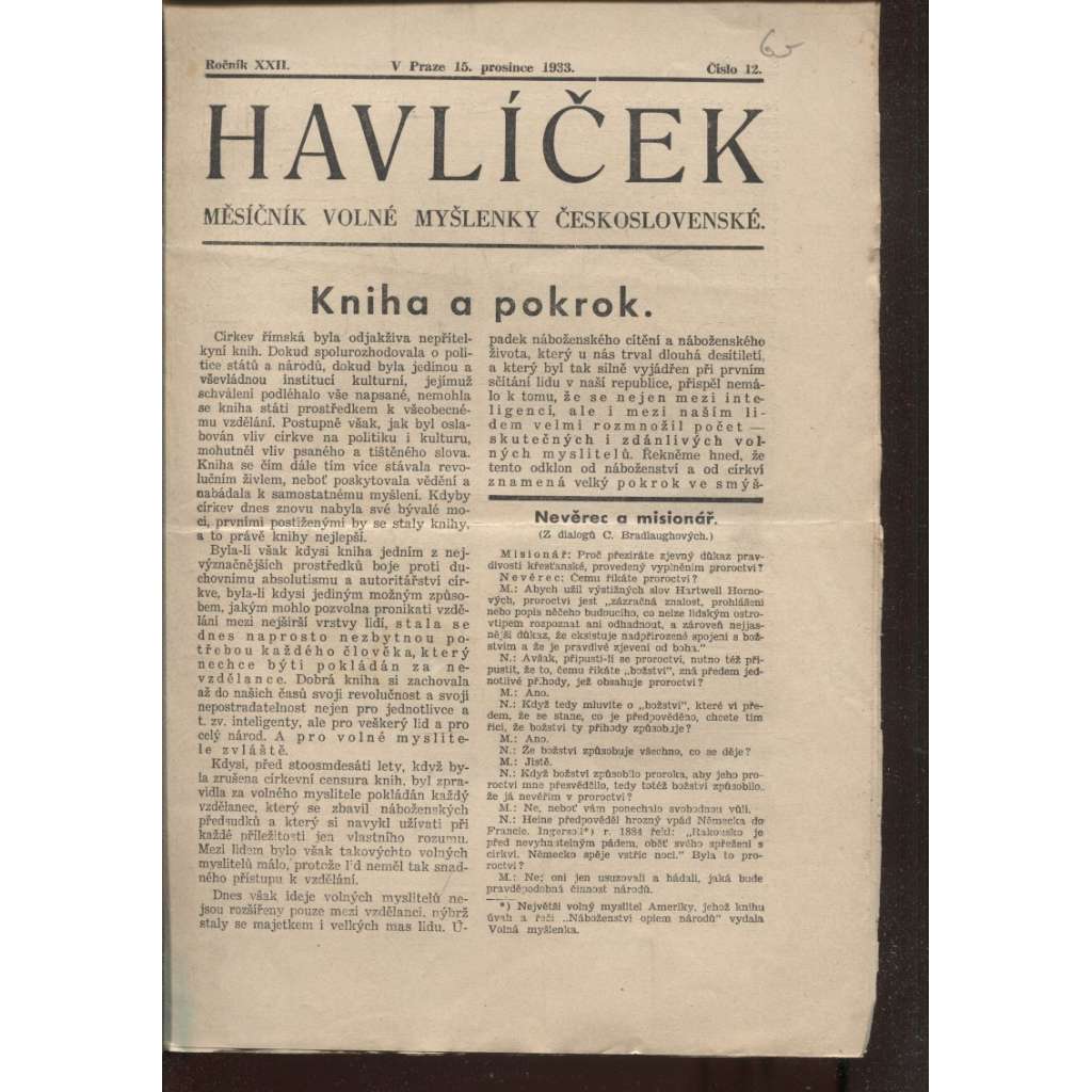 Havlíček, ročník XXII., číslo 12/1933 (Časopis) Měsíčník Volné myšlenky československé