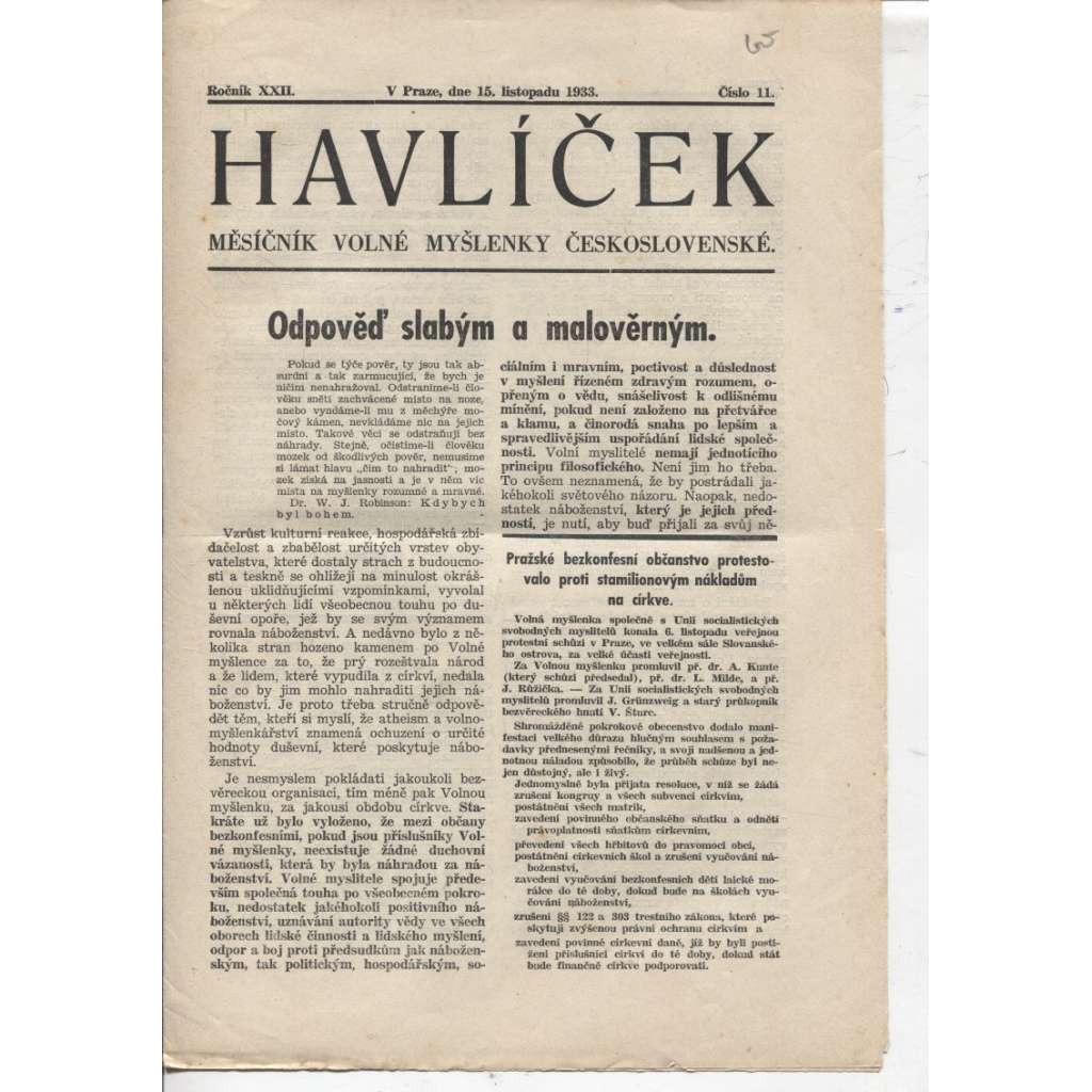 Havlíček, ročník XXII., číslo 11/1933 (Časopis) Měsíčník Volné myšlenky československé