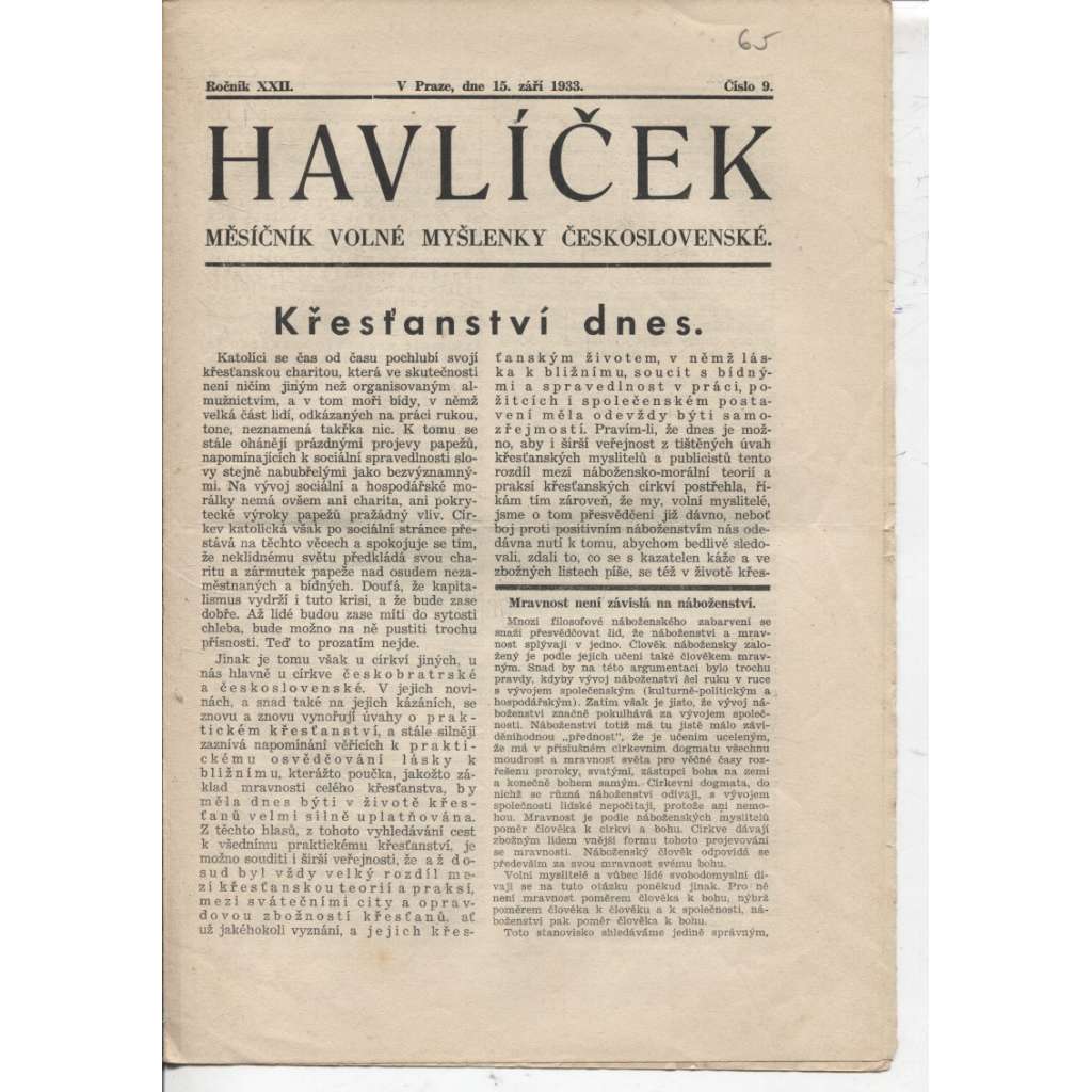 Havlíček, ročník XXII., číslo 9/1933 (Časopis) Měsíčník Volné myšlenky československé