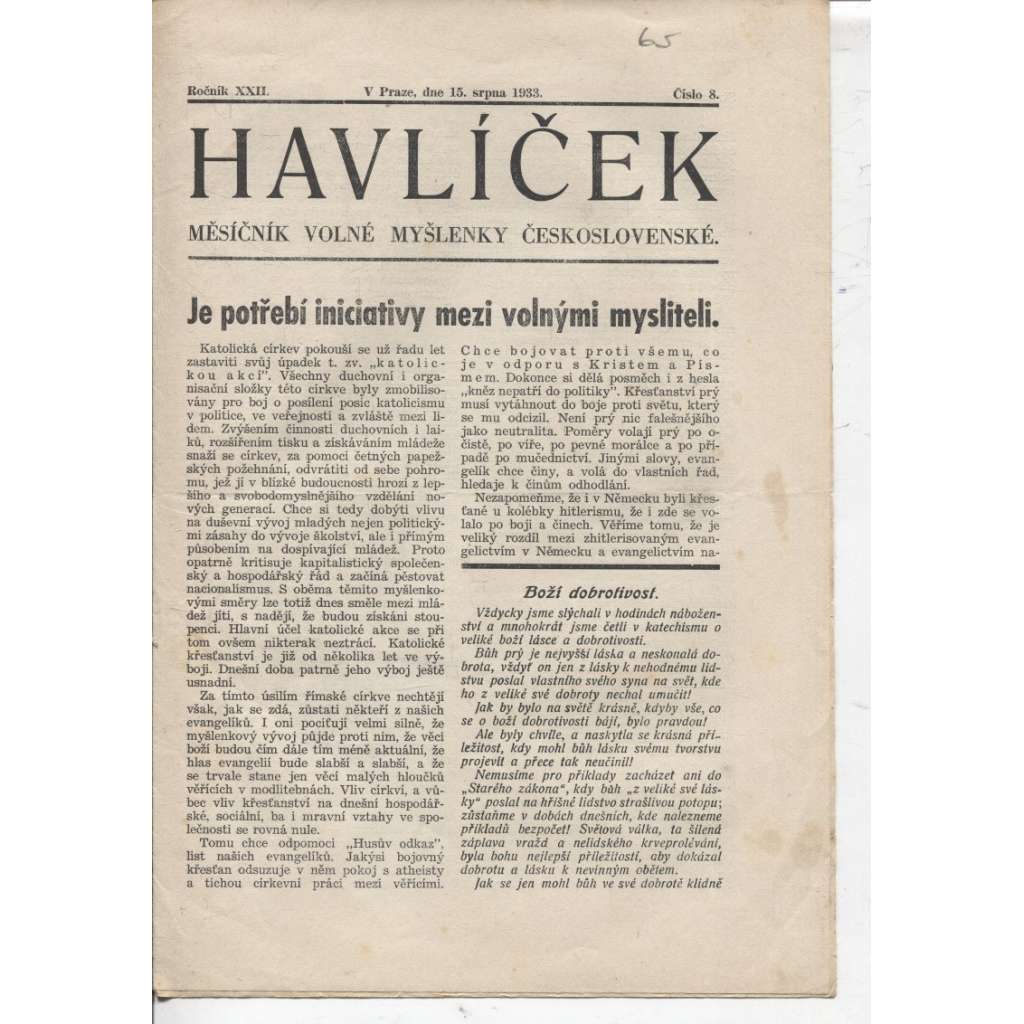 Havlíček, ročník XXII., číslo 8/1933 (Časopis) Měsíčník Volné myšlenky československé