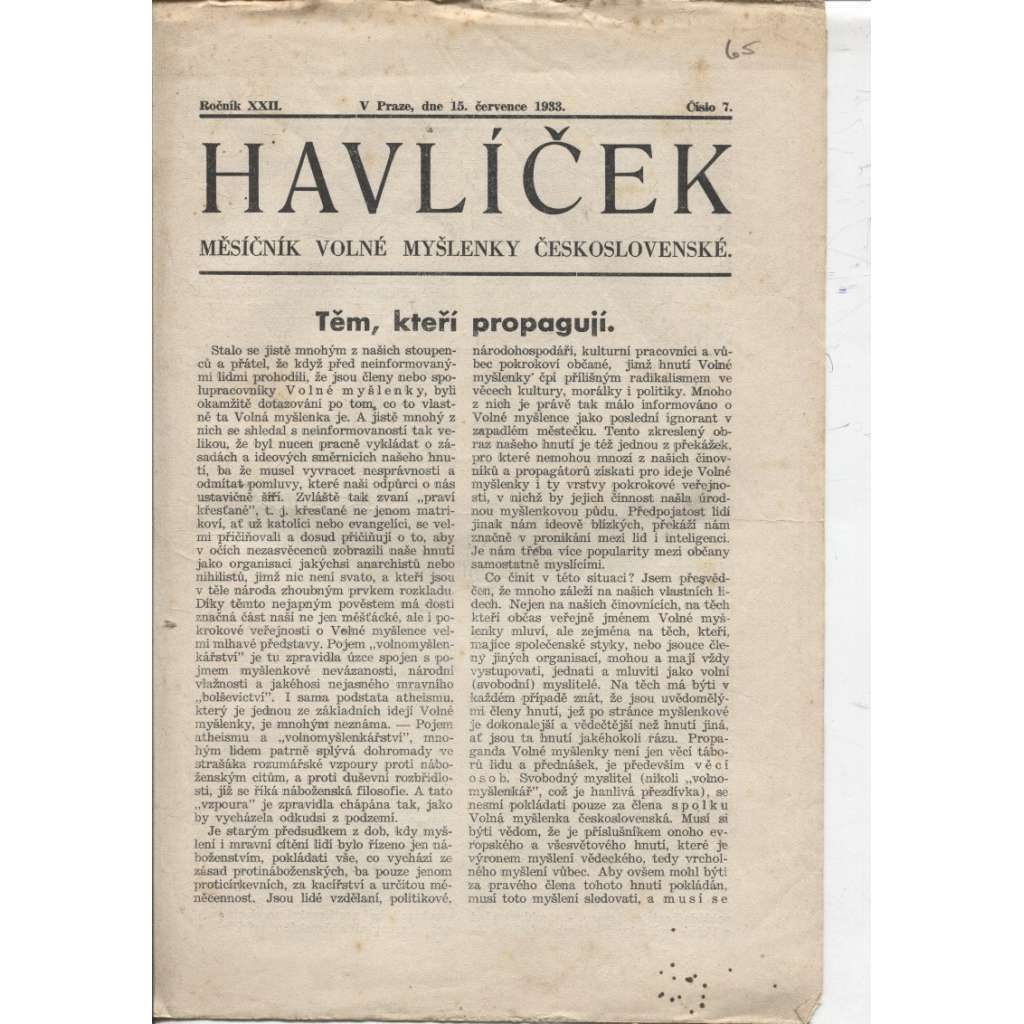 Havlíček, ročník XXII., číslo 7/1933 (Časopis) Měsíčník Volné myšlenky československé