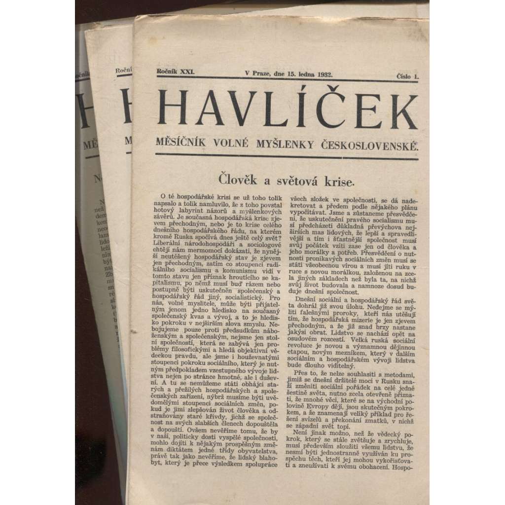 Havlíček, ročník XXI., číslo 1-12/1932 (Časopis) Měsíčník Volné myšlenky československé (kompletní)